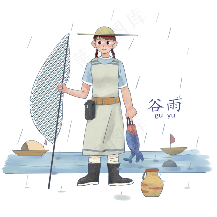谷雨捕鱼的小女孩(2000X2000(DPI:299))psd模版下载