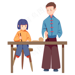 寒假女孩和老师练书法