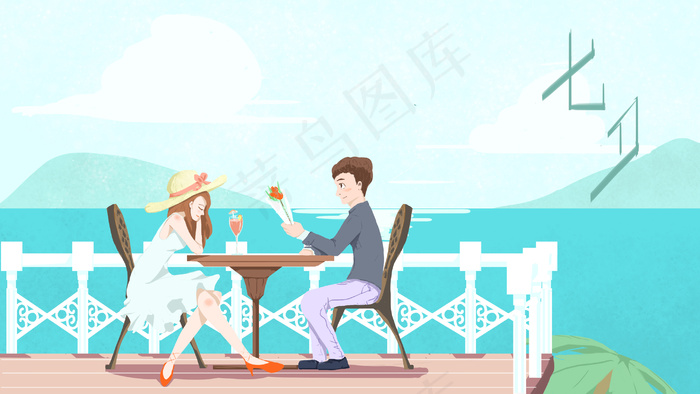 七夕海边的情侣约会(2880*1620px 300 dpi )psd模版下载