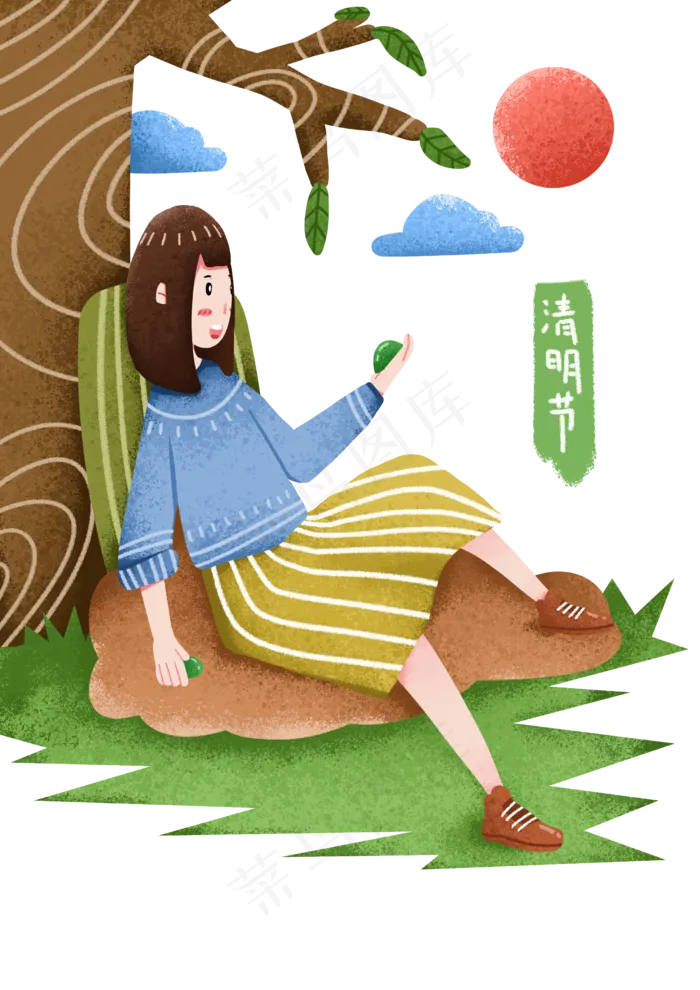 清明节拿着树叶女孩(2480X3507(DPI:300))psd模版下载
