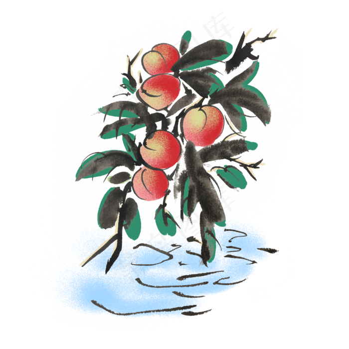 水果桃子手绘水墨风(4000X4000(DPI:300))psd模版下载