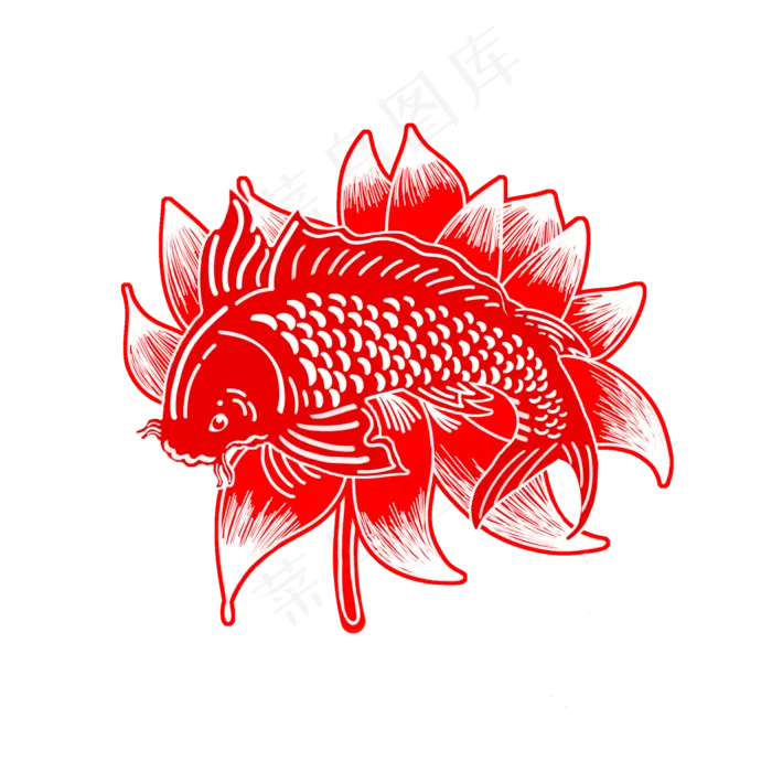 中国风鲤鱼荷花窗花剪纸(2000X2000(DPI:300))psd模版下载