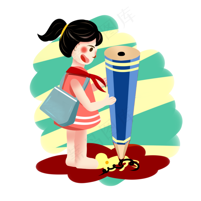 儿童节扁平风创意手绘画画的小女