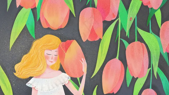 手绘小清新女孩和百合