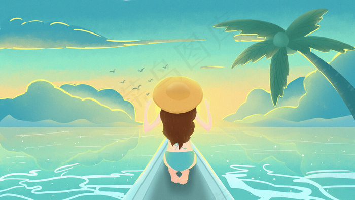 唯美夏日女生坐船出海旅游插画