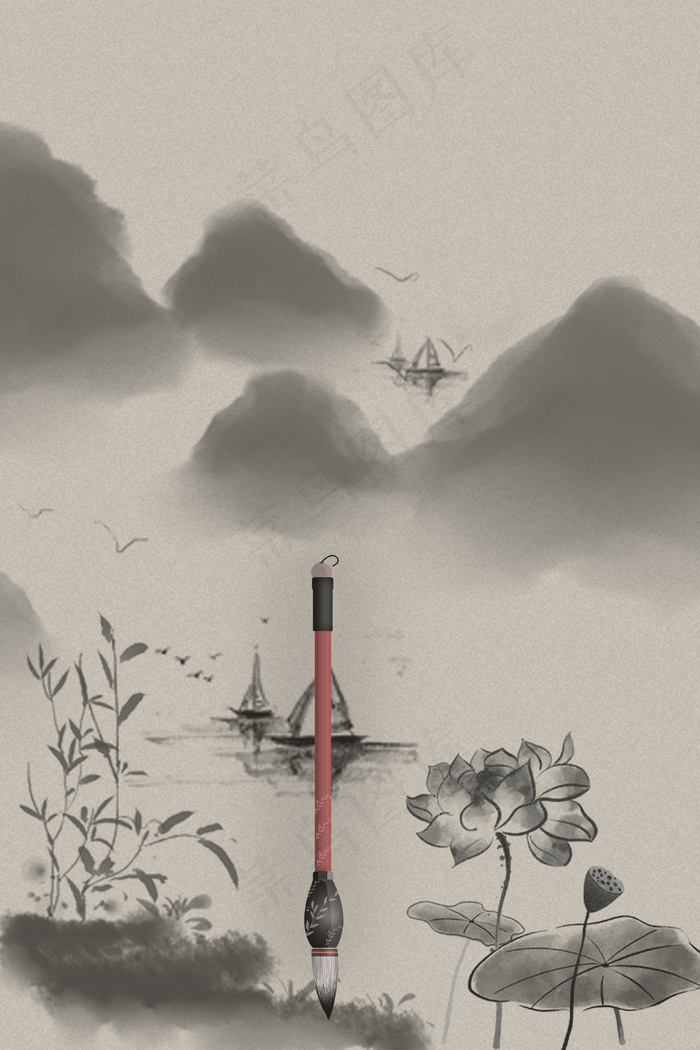 深色船舶荷花山水毛笔背景