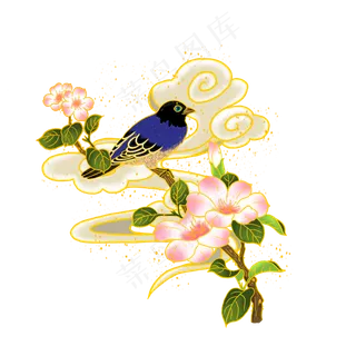 国潮洒金花鸟装饰,免抠元素