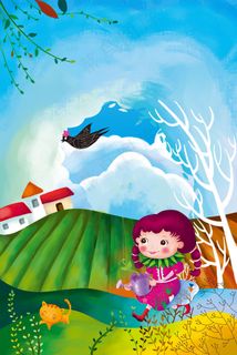 春天行走在田野的小女孩