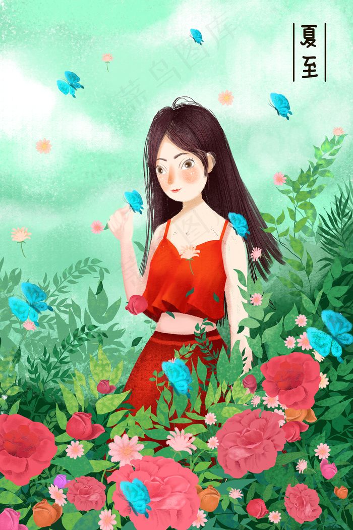夏至绿色治愈系女孩(3545*5315px 300 dpi )psd模版下载