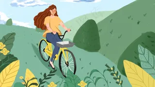 绿色春天手绘出游骑车女生