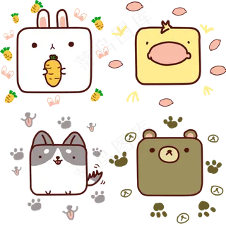 卡通动漫可爱方形动物兔子熊狗鸭,免抠元素