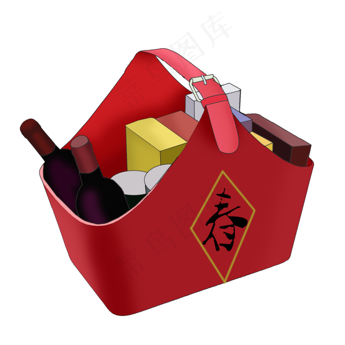 手绘春节礼品篮子红酒篮多样礼品,免抠元素