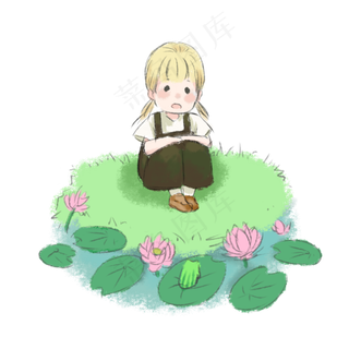 女孩草地观赏荷花