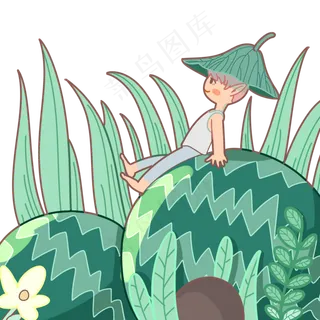 夏至坐在西瓜上的男孩