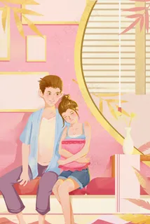 粉色七夕情人节男孩女孩拥抱清新植物景色