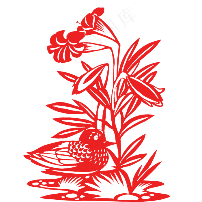 红色剪纸风花鸟免扣素材,免抠元素(2000X2000(DPI:300))psd模版下载