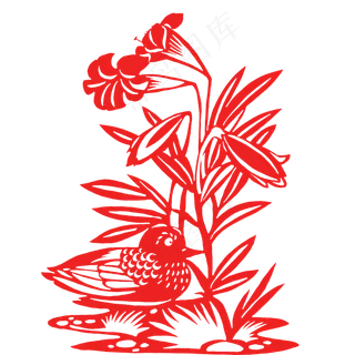 红色剪纸风花鸟免扣素材,免抠元素
