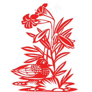 红色剪纸风花鸟免扣素材,免抠元素