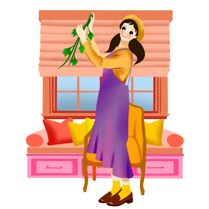 端午节拿绿叶的女孩插画