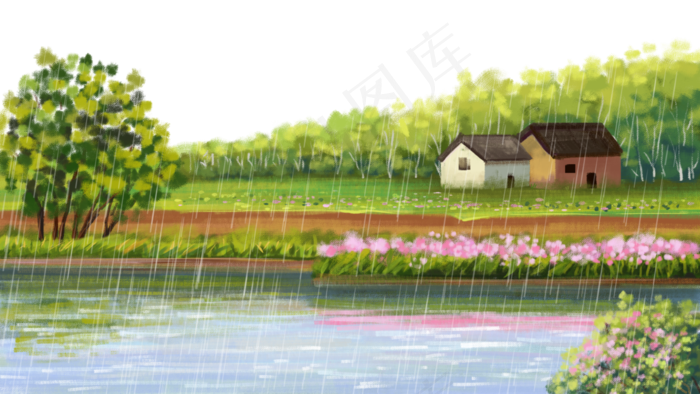 雨水主题之水粉风景画(2880X1620(DPI:300))psd模版下载