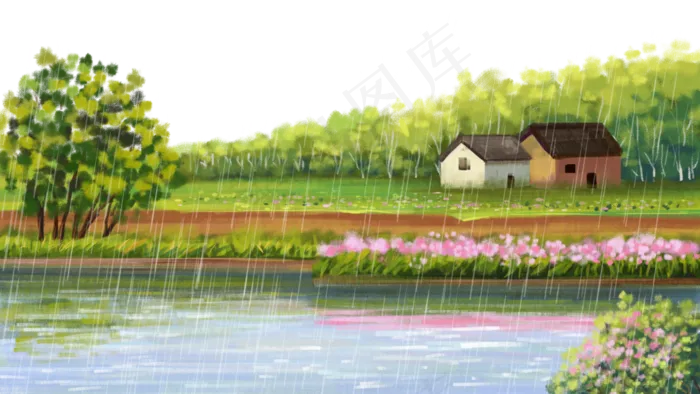 雨水主题之水粉风景画