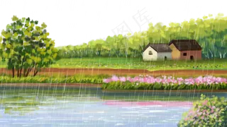 雨水主题之水粉风景画