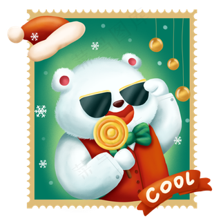 手绘庆祝圣诞邮票卡通可爱北极熊,免抠元素