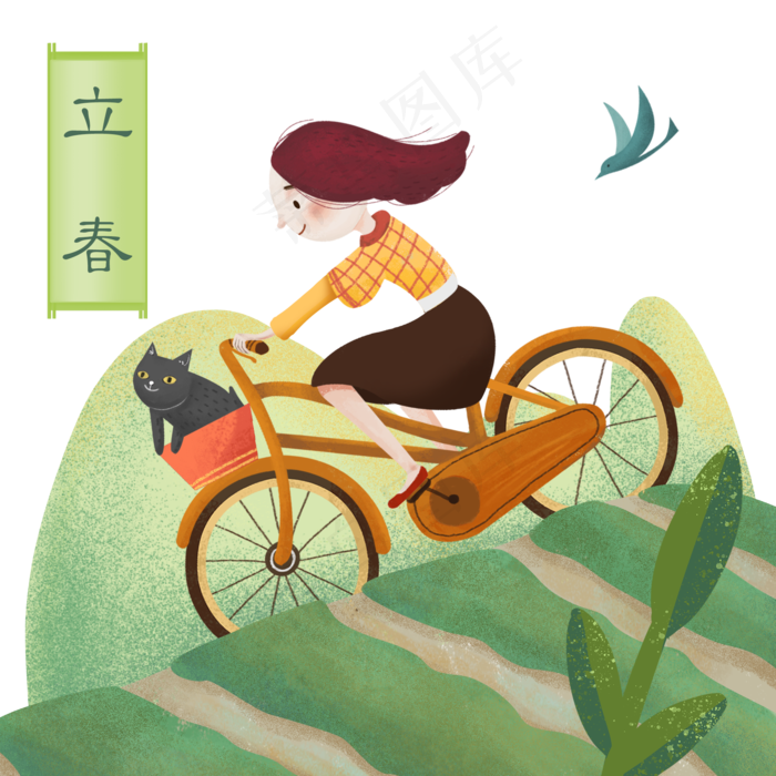 立春时节女孩在户外骑车插画