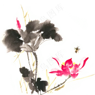 荷花与蜜蜂水墨画PNG免抠素材