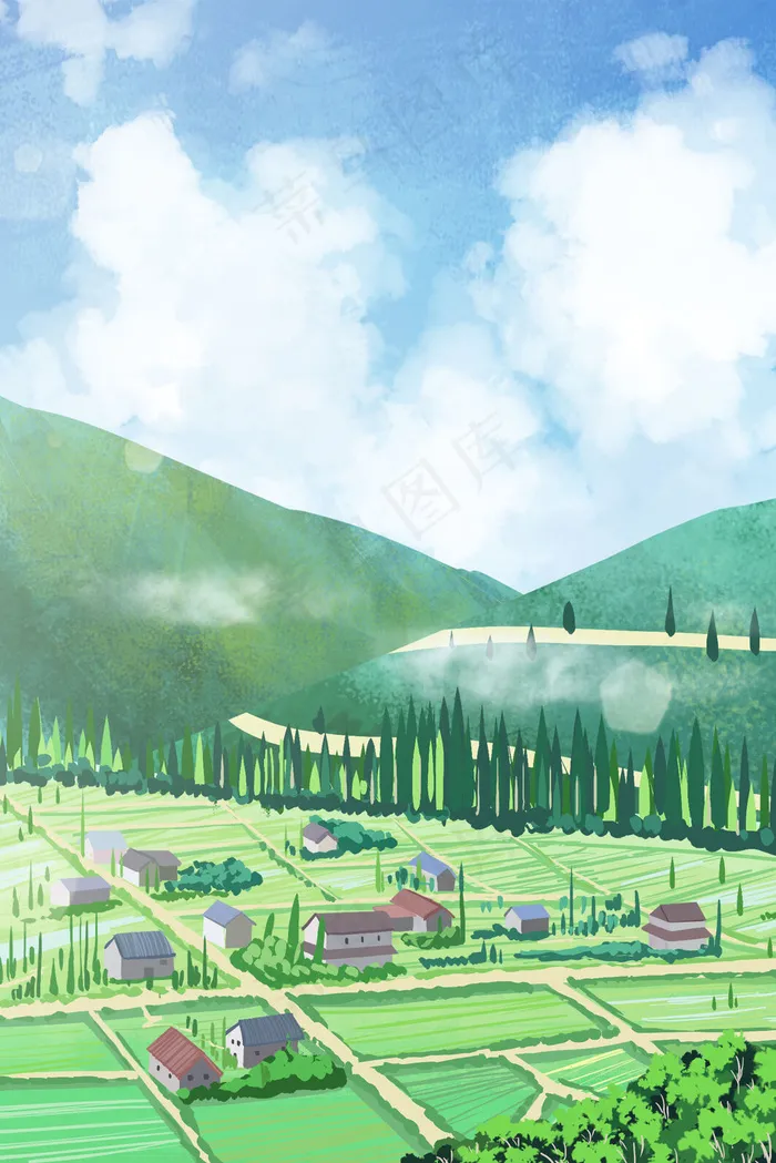 夏天乡村田园田野房屋风景(3545*5315px 300 dpi )psd模版下载