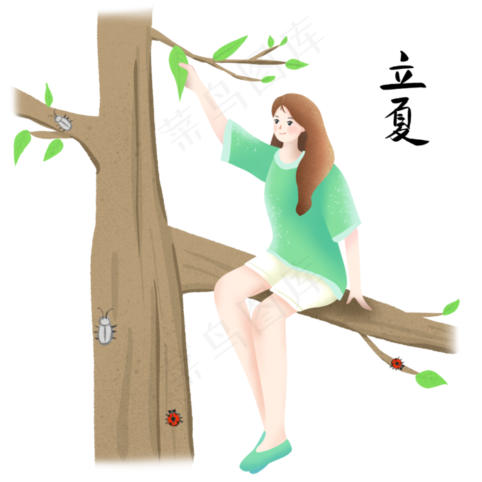 立夏坐在树枝上的女孩插画
