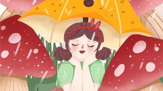 粉色系卡通可爱雨天打伞女孩谷雨节气配图
