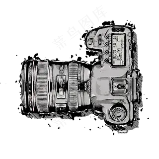 黑白泼墨效果照相机俯视图,免抠元素