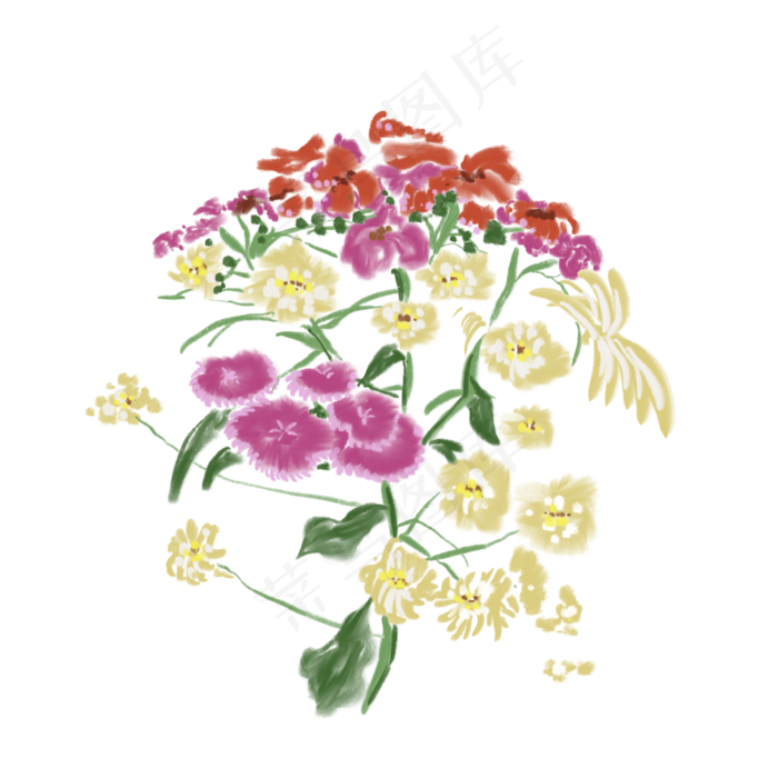 彩色花束新鲜花朵绘画