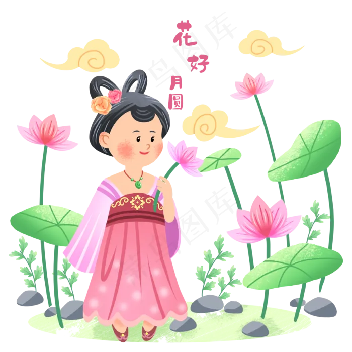 中秋节女孩和荷叶(3000X3000(DPI:300))psd模版下载