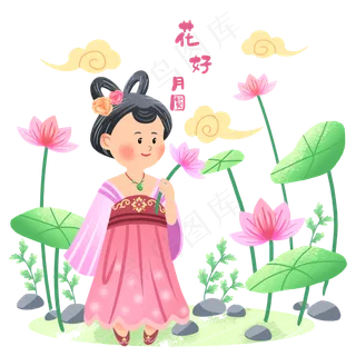 中秋节女孩和荷叶