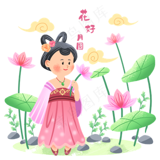 中秋节女孩和荷叶