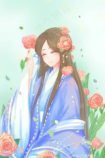 蓝色唯美卡通小清新春季簪花古风春分配图 蓝色唯美卡通小清新春季簪花古风春分配图
