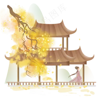 秋天房屋下的少女,免抠元素