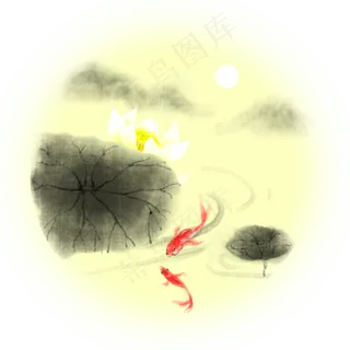 手绘花荷花中国风锦鲤元素