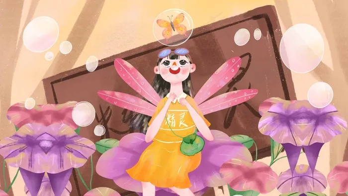 夏天夏至卡通可爱女孩与花和蝴蝶配图(2880*1620px 300 dpi )psd模版下载