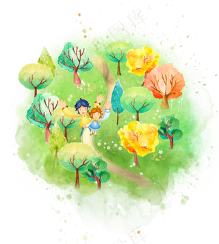 春天夏天初秋踏青山坡树林情侣插,免抠元素