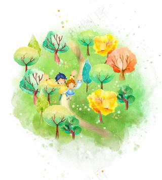 春天夏天初秋踏青山坡树林情侣插,免抠元素