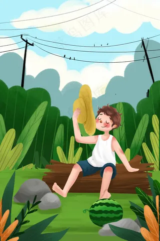 夏天夏季男孩乘凉户外小清新西瓜夏景