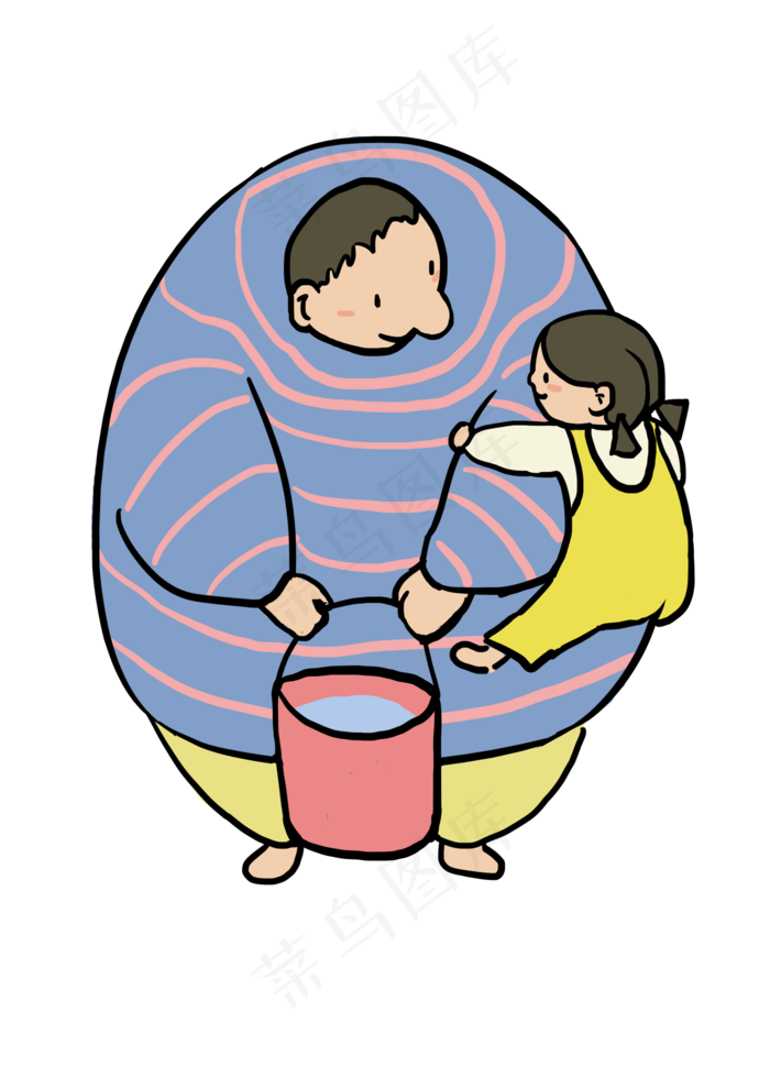 小孩抓住正在提水的爸爸的胳膊