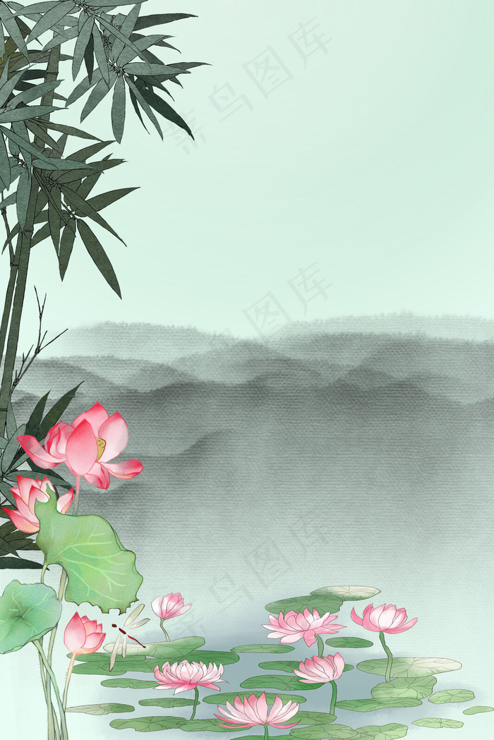 中国风竹林荷花水墨背景素材