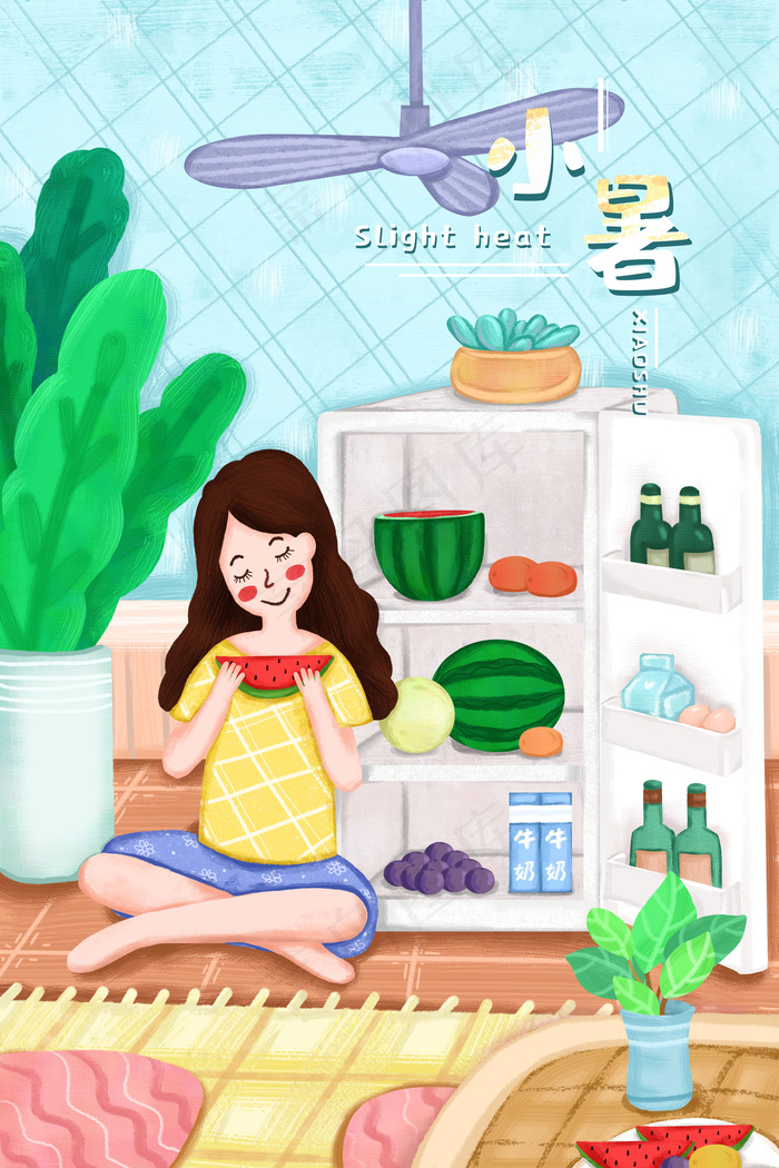 卡通手绘小暑节气在冰箱边吃西瓜的女孩配图(3545*5315px 300 dpi )psd模版下载