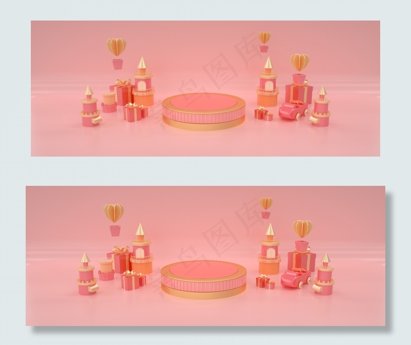 C4D珊瑚橙情人节卡通立体小镇舞台