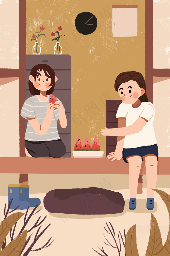 24节气立夏夏日夏天男孩女孩吃西瓜插画