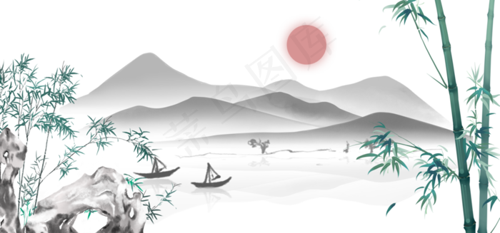 中式竹子绿色水墨装饰画(7087X3307(DPI:200))psd模版下载